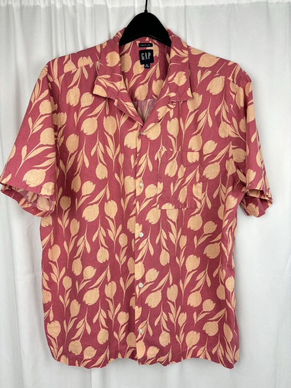 GAP Mens XL Floral Short Sleeve Hawaiian Button Up Shirt Linen Blend Cotton